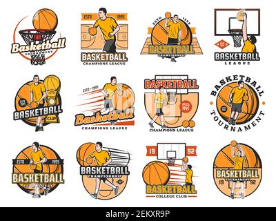 Set di icone per tornei di pallacanestro, club universitari o campionati di campionato. Caucasico giocatore di basket dribbling e lanciare palla sul campo, facendo dun slam Illustrazione Vettoriale
