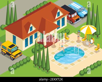 Ricca gente con gli amici durante il tempo libero in villa con nuoto illustrazione vettoriale isometrica del disegno di piscina e paesaggio Illustrazione Vettoriale