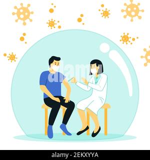 Concetto di vaccinazione per la salute immunitaria. Concetto di vaccinazione, l'uomo in uno scudo protetto dal virus è una metafora per la vaccinazione. Illustrazione Vettoriale