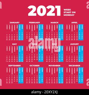 2021 modello di calendario con settimane a partire da lunedì Illustrazione Vettoriale