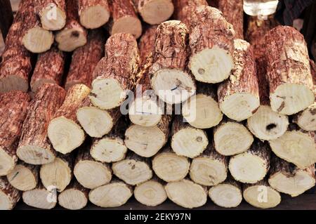 Thanaka legno legname per la gente birmana uso fare pasta di thanaka fatto da corteccia di terra per la vendita al bazar di mercato locale a Mandalay, Myanmar Foto Stock