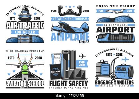 Aeroporto e compagnie aeree internazionali, aereo, carta d'imbarco icone isolate. Controllore del traffico aereo vettoriale, scuola di aviazione e voli di sicurezza. Bagaglio Illustrazione Vettoriale
