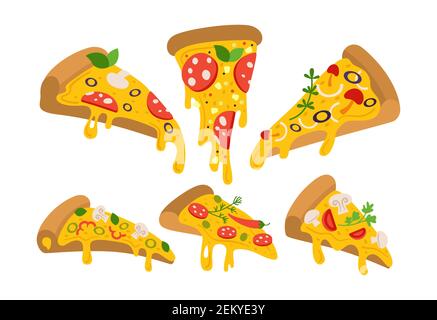 Set di cartoni animati a fette di pizza. Pizze per menu retrò italiano. Margarita e hawaiian, pepperoni o frutti di mare, collezione messicana. Pizza fatta a mano con pepe, pomodoro, olive. Raccolta vettoriale Illustrazione Vettoriale