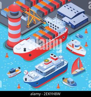 Porto con nave composizione isometrica con attrezzatura portuale, deposito, nave da carico, traghetto e piccole imbarcazioni illustrazione vettoriale Illustrazione Vettoriale