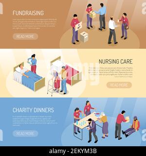 Set isometrico di tre striscioni orizzontali con raccolta fondi volontari e. aiutare le persone bisognose 3d isolato illustrazione vettoriale Illustrazione Vettoriale