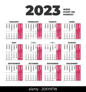 2023 modello di calendario con settimane a partire da lunedì Illustrazione Vettoriale