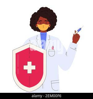 Medico con siringa e scudo in un abito medico. Illustrazione Vettoriale