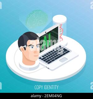 Intelligenza artificiale archiviazione mentale composizione isometrica con testa umana collegata per digitalizzare software per computer con illustrazione vettoriale del dna Illustrazione Vettoriale