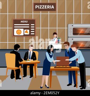 Pranzo di lavoro piano composizione di persone con lavoratori e colleghi hanno pranzo in pizzeria illustrazione vettoriale Illustrazione Vettoriale