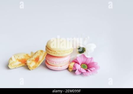 Due maccheroni si trovano uno sopra l'altro, uno giallo e l'altro rosa. Un macaroon è rotto, accanto ad esso si trova un bel fiore contro una macchia bianca Foto Stock