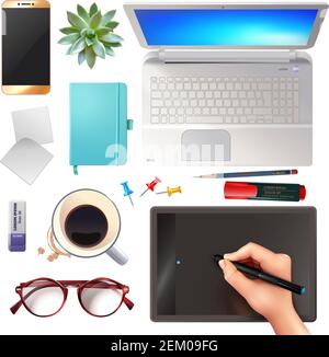 Set di oggetti da ufficio 3d vista dall'alto, inclusi dispositivi mobili, cancelleria, caffè e occhiali, illustrazione vettoriale isolata Illustrazione Vettoriale