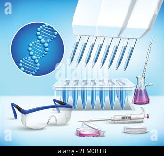 Composizione realistica da laboratorio scientifico con icona dna e attrezzature per illustrazione vettoriale di ricerca e analisi Illustrazione Vettoriale
