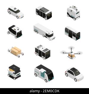 Icone isometriche dei veicoli autonomi, autobus senza conducente, taxi e camion, sistemi di consegna robotizzati, illustrazione vettoriale isolata Illustrazione Vettoriale