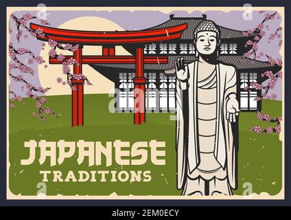 Giappone cultura, religione attrazioni turistiche retro banner. Ushiku Grande statua del Buddha, porta shinto torii e antico tempio o vettore di costruzione del palazzo. Illustrazione Vettoriale