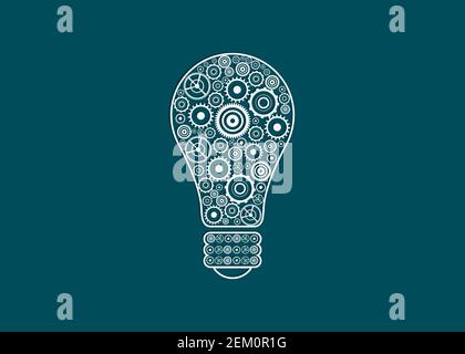 Simbolo del cambio concetto di industria delle lampadine, innovazione e tecnologia, comunicazione meccanica e concetti meccanici. Simboli delle marce all'interno della lampadina. Foto Stock