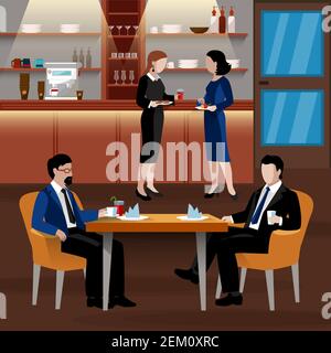 Pranzo di lavoro colorato composizione di persone con persone in appartamento in abiti e una sala d'ufficio bere caffè e fare un pranzo illustrazione vettoriale Illustrazione Vettoriale