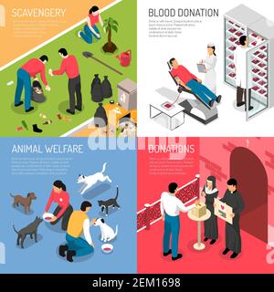 Volontariato Charity Concept 4 icone isometriche quadrate con il team di scavengers donazione di sangue riparo animale isolato vettore illustrazione Illustrazione Vettoriale