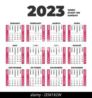 2023 modello di calendario con settimane a partire da domenica Illustrazione Vettoriale