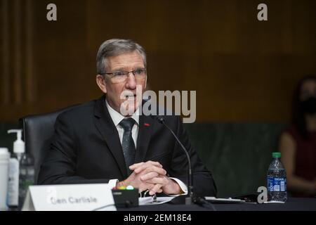 Generale Herbert J. Carlisle, USAF (Ret.) / Presidente e Chief Executive Officer, National Defense Industrial Association, risponde alle domande durante un'audizione del Senato Committee on Armed Services per esaminare le tecnologie emergenti e il loro impatto sulla sicurezza nazionale, nel Palazzo degli uffici del Senato Dirksen a Washington, DC, USA, martedì 23 febbraio, 2021. Foto di Rod Lamkey/CNP/ABACAPRESS.COM Foto Stock