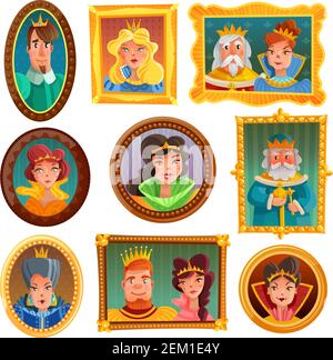 Collezione di cartoni animati di ritratti di principesse e regine in cornici d'epoca immagine vettoriale isolata su parete bianca Illustrazione Vettoriale
