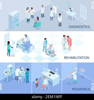 Personale ospedaliero banner orizzontali con diagnostica riabilitazione composizioni isometriche pediatriche illustrazione vettoriale Illustrazione Vettoriale