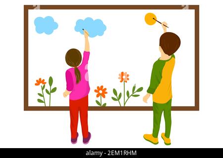 Istruzione domestica di arte del bambino. I bambini disegnano un'immagine. Scolarizzazione. L'allievo fa la sua hometask sulla scrivania. Il dipinto è colorato. Il ragazzo e la ragazza lo sono Illustrazione Vettoriale
