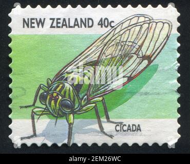 Nuova Zelanda - circa 1997: timbro stampato dalla Nuova Zelanda, mostra Creepy imperfezioni, Cicala, circa 1997 Foto Stock