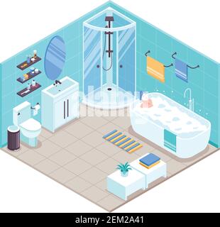 Bagno interno vista isometrica con vasca ovale angolo doccia cabina unità lavello porta asciugamani accessori illustrazione vettoriale Illustrazione Vettoriale