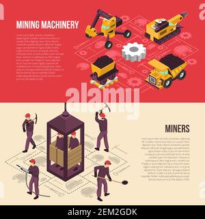 Striscioni orizzontali isometrici per macchinari e attrezzature per i lavoratori industriali dell'estrazione del carbone impostare con elementi del diagramma di flusso illustrazione vettoriale isolata Illustrazione Vettoriale