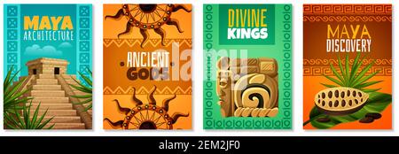 Cartoni animati civiltà Maya con divini re architettura antichi dei simboli decorativi dei riferimenti anatomici illustrazione vettoriale isolata Illustrazione Vettoriale