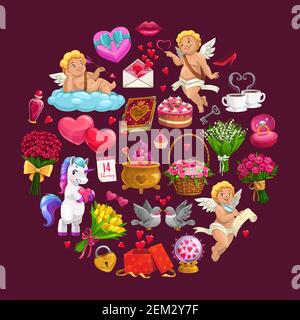 San Valentino romantico cerchio con cuori vettoriali, busta e Cupids, cioccolato e anello, fiori di rosa rossa e scatola presente con nastri e bacio labbro Illustrazione Vettoriale