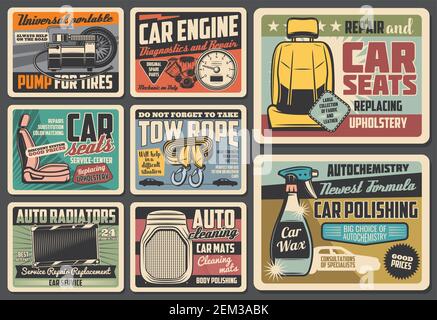 Pezzi di ricambio per auto, diagnostica per veicoli e segnaletica metallica di riparazione. Pneumatici Vector pompe, motore e tachimetro, sedili auto tappezzeria. Fune di traino e radiatori Illustrazione Vettoriale