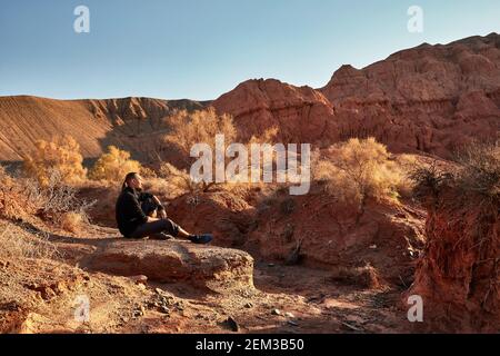 Turista con barba e capelli lunghi al canyon polveroso sulle montagne rosse surreali contro il cielo blu nel deserto