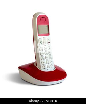 Telefono dect bianco rosso isolato su sfondo bianco Foto Stock