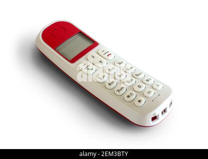 Telefono dect bianco rosso isolato su sfondo bianco Foto Stock