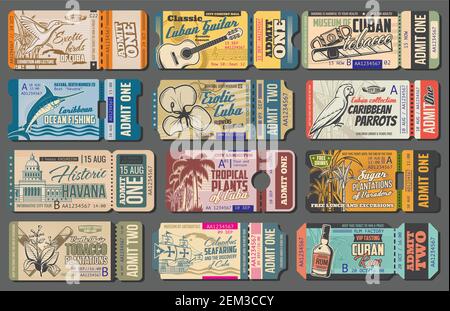 Biglietti per escursioni a Cuba, gite turistiche ai luoghi di interesse e attrazioni turistiche. Biglietti Vector vintage retro per le piantagioni di tabacco e canna da zucchero dell'Avana, Illustrazione Vettoriale