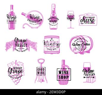 Enoteca, casa vinicola e ristorante con scritta calligrafia. Vector cantina grande riserva barile in legno, scuola sommelier e produzione di vino Illustrazione Vettoriale