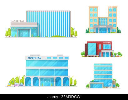 Edifici ospedalieri, ambulanza clinica e istituzioni mediche architettura facciata icone. Vector moderno centro medico o edifici di clinica statale, moderno Illustrazione Vettoriale