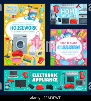 Pulizia e cucitura, apparecchio elettronico. Servizio di pulizia e attrezzi, lavaggio e lavanderia, attrezzature per le attività di lavoro. Detersivi e paletta per la polvere, aspirapolvere Illustrazione Vettoriale
