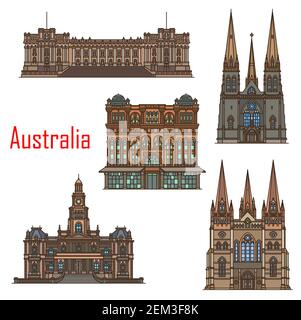 Architettura australiana, edifici della cattedrale e famosi monumenti di Sydney. Vector St Patrick e Paul, il municipio di Sydney, la Queen Victoria buildi Illustrazione Vettoriale