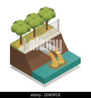 Trattamento delle acque reflue prima di scaricare al fiume ecologico amichevole soluzioni di inquinamento ambientale composizione isometrica illustrazione vettoriale Illustrazione Vettoriale