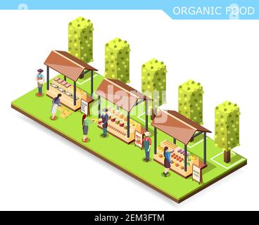 Mercato agricolo con composizione isometrica organica alimentare con verdure, conserve, carne e pesce su banconi illustrazione vettoriale Illustrazione Vettoriale