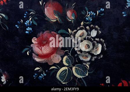 Rosa rose, fiori bianchi e blu mazzo dipinto su sfondo nero Foto Stock