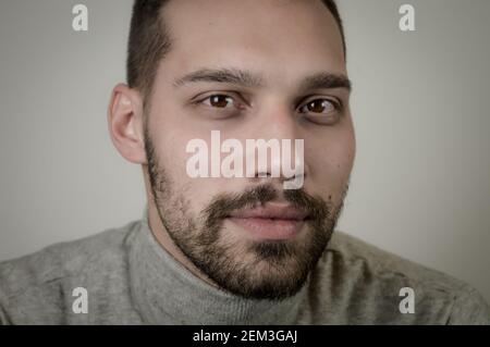 Ritratto di un giovane uomo dai capelli castani con una barba corta e un pullover grigio a dolcevita Foto Stock