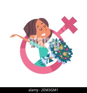 felice ragazza che tiene bouquet donne giorno 8 marzo festa festa illustrazione vettoriale di un opuscolo con banner concept o di un biglietto d'auguri Illustrazione Vettoriale