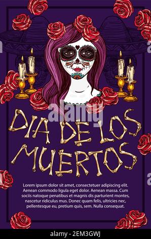 Dia de los Muertos Messicano tradizionale poster delle feste. Vector dia de Muertos scheletro ossa caratteri, celebrazione tradizionale simbolo di faccia t Illustrazione Vettoriale