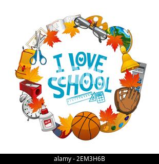 Amo il telaio della scuola di oggetti fissi. Forniture didattiche vettoriali, libro aperto sulla geometria, occhiali da insegnante e globo, 1 settembre campana, calcolatrice Illustrazione Vettoriale