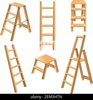 Scale in legno classiche polivalenti inclinate e in piedi 3D realistico raccolta con illustrazione vettoriale isolata dello sgabello Illustrazione Vettoriale