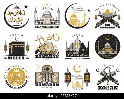 Islam religione musulmana e cultura arabica simboli isolati. Vector Ramadam Kareem vacanza e Mecca Kaaba moschea, luna mezzaluna e stella. Lanterna e H. Illustrazione Vettoriale