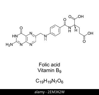 Acido folico, vitamina B9, formula chimica e struttura. Convertito dal corpo in folato. Usato come supplemento dietetico e nella fortificazione dell'alimento. Foto Stock